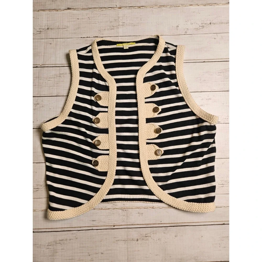 Gianni Bini Nautical Striped Knit Vest Black White Gold Button Military Medium‎